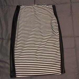 Stripped pencil skirt with faux leather strips